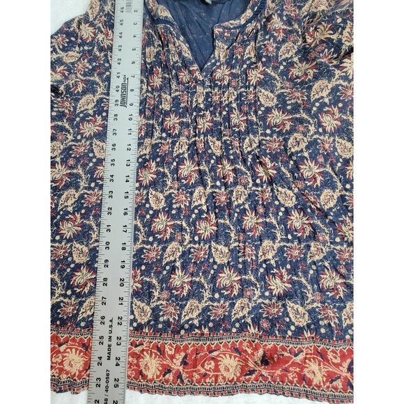 Lucky Brand Womens Floral Boho Print 3/4 Sleeve V-neck Top Large Blue Red Casual - Picture 9 of 9